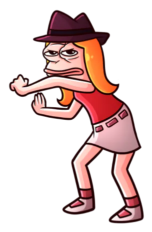 Character holding a card.